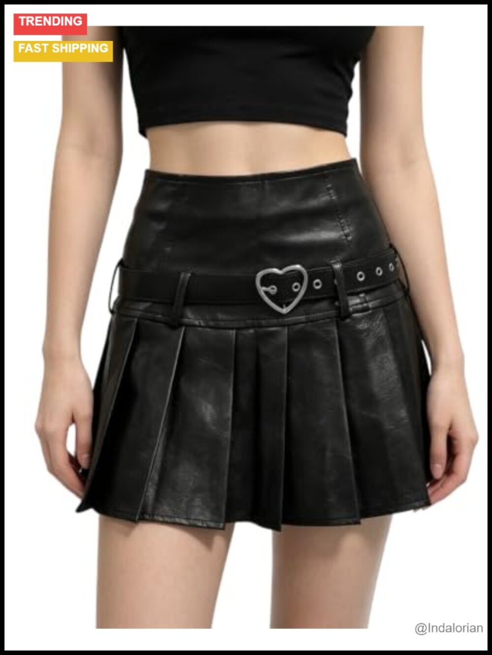 PU Leather Pleated Mini Skirt with Belt High Waist A-Line